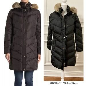 🆕MICHAEL Michael Kors Missy 3/4 Down Faux Fur Trim Coat Size Medium NWT